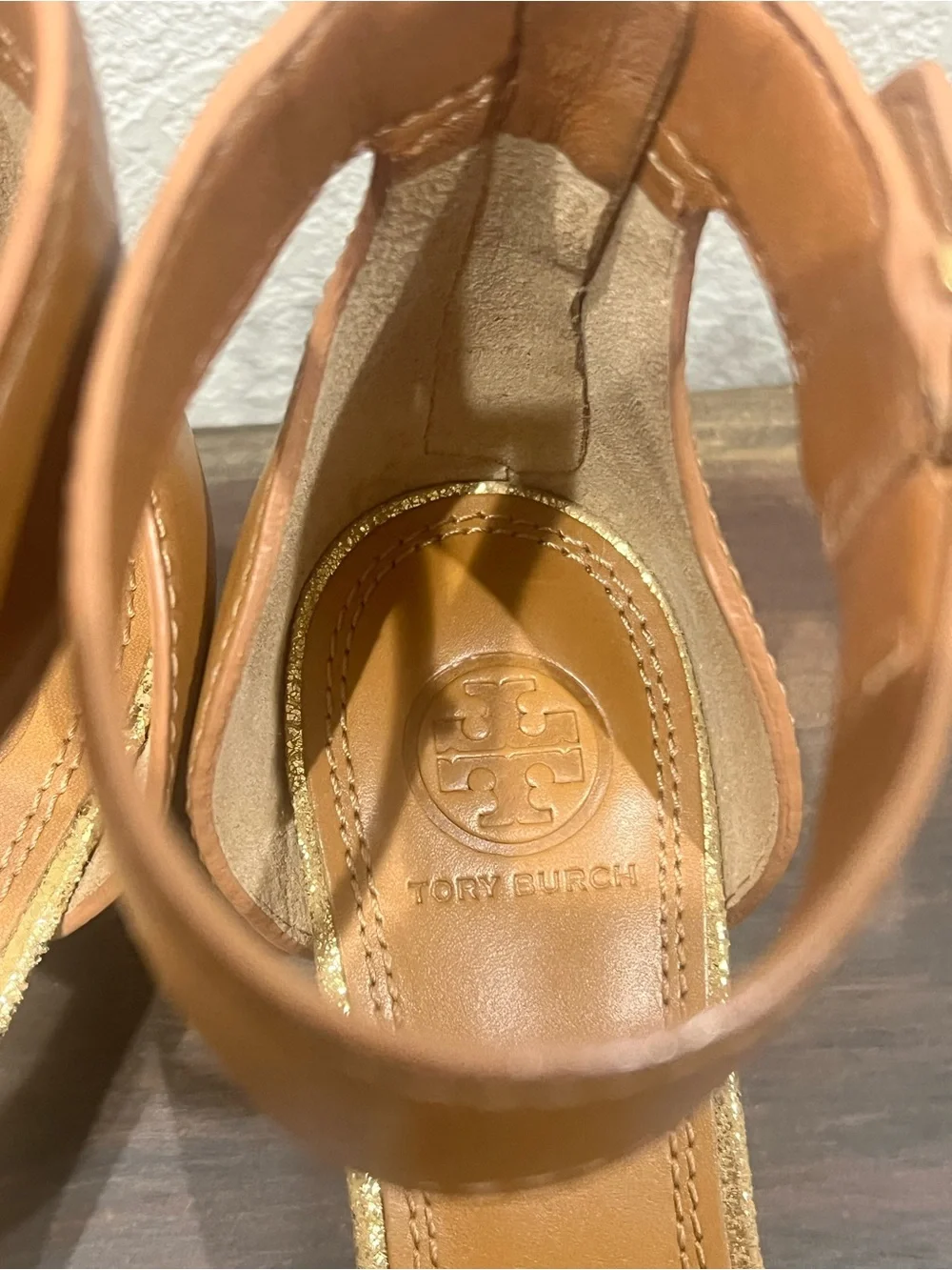 Tory Burch | Tana Ankle Wrap City 2” Heels Leather Block Heel Tan Gold